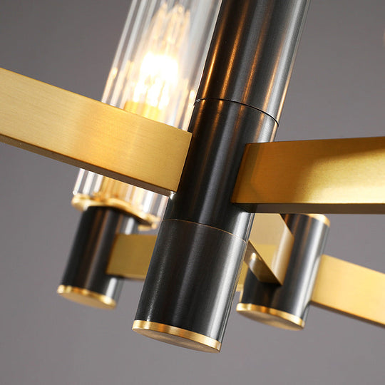 Postmodern Yellow-Black Chandelier Light with Prismatic Glass Tubular Design - 6/8/9 Bulbs - Hanging Ceiling Décor