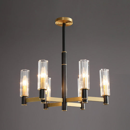 Postmodern Yellow-Black Chandelier Light with Prismatic Glass Tubular Design - 6/8/9 Bulbs - Hanging Ceiling Décor