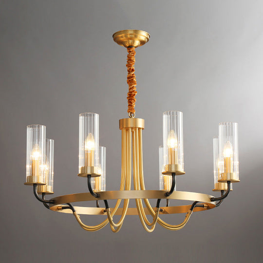 Postmodern Black/Gold Tube Up Chandelier - 6/8 Lights, Clear Ribbed Glass, Curved Arm