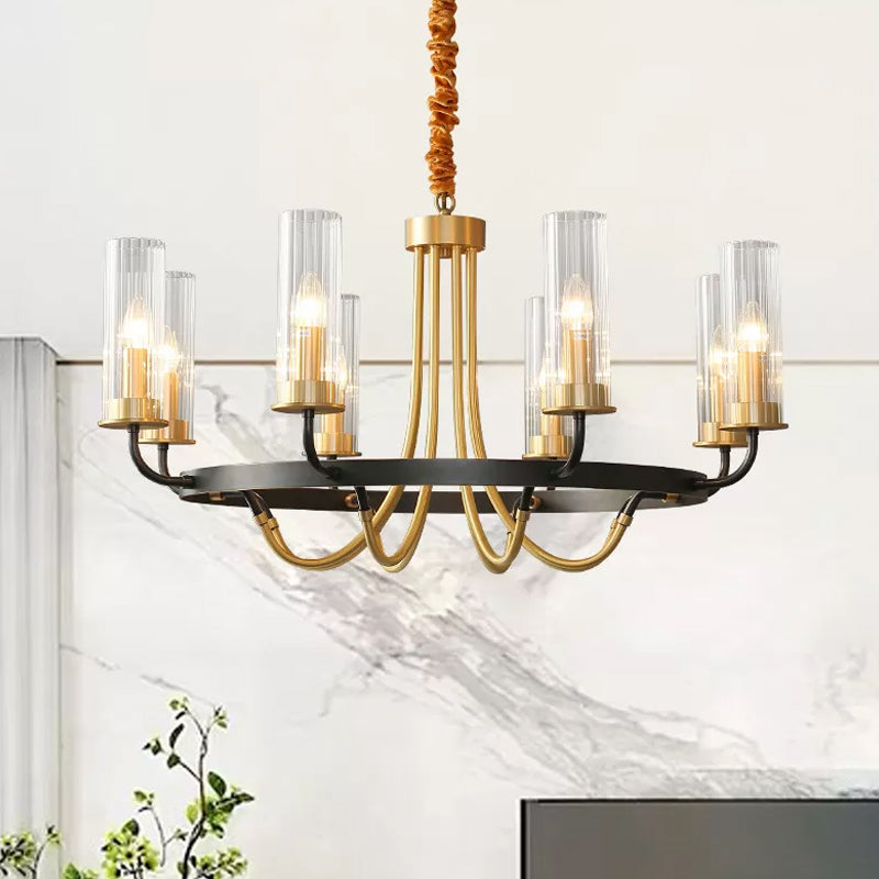 Postmodern Black/Gold Tube Up Chandelier - 6/8 Lights, Clear Ribbed Glass, Curved Arm