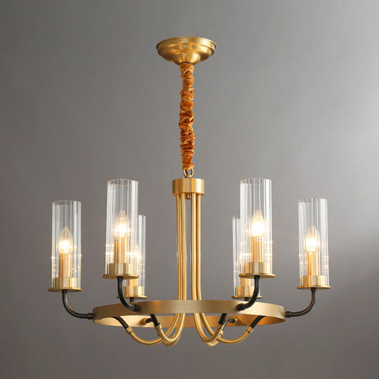 Postmodern Black/Gold Tube Up Chandelier - 6/8 Lights, Clear Ribbed Glass, Curved Arm