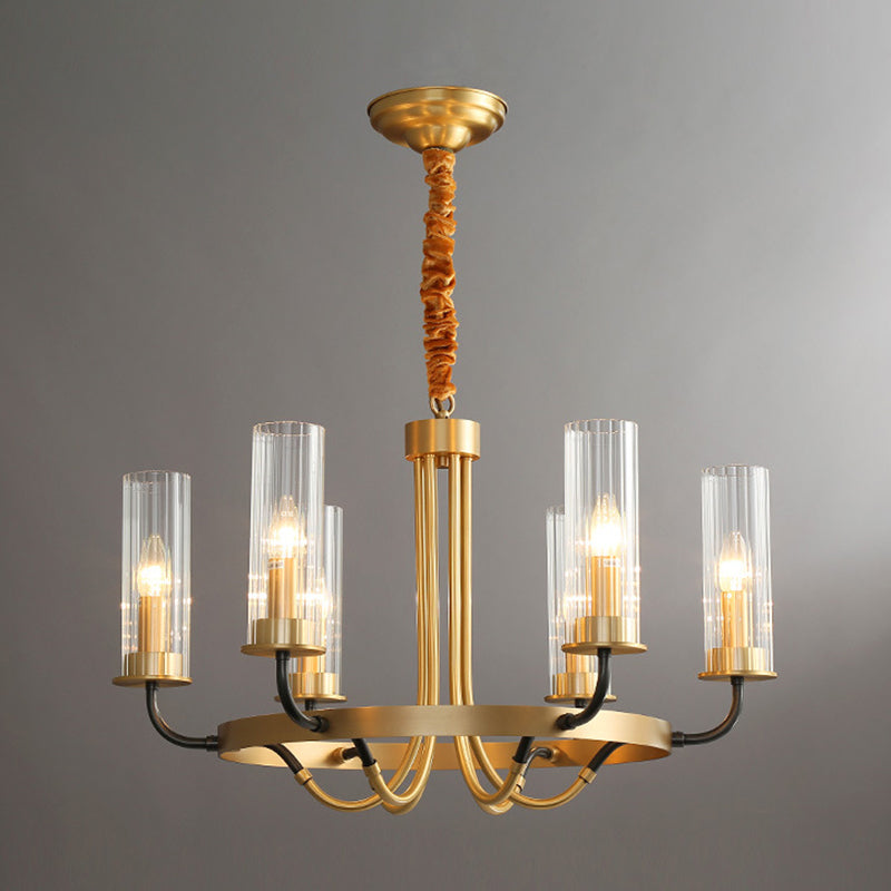 Postmodern Black/Gold Chandelier With Ribbed Glass Tubes - 6/8 Lights Curved Arm 6 / Gold