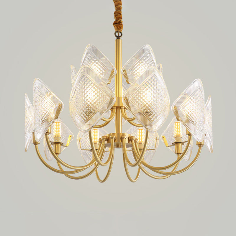 Modern Rhombus Living Room Chandelier - Elegant 12/15/18-Bulb Glass Suspension Pendant Light in Brass