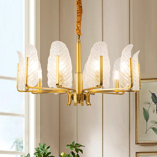 Postmodern Leaf Chandelier Lamp With Brass Textured Glass - 6/8/10 Head Pendant Light Fixture