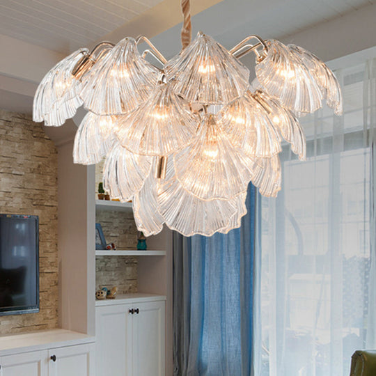 Layered Scallop Hanging Light - Nautical Gold Glass Pendant Chandelier (15/20 Bulbs)