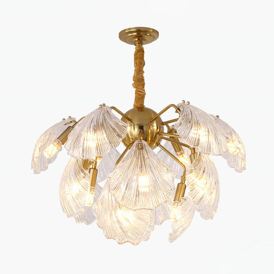 Layered Scallop Hanging Light - Nautical Gold Glass Pendant Chandelier (15/20 Bulbs)