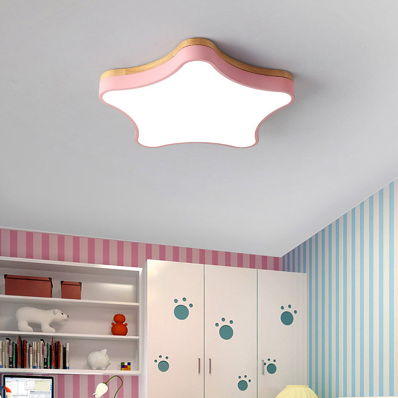 Star Girls Bedroom LED Flush Ceiling Light with Contemporary Acrylic and Wood Backplate