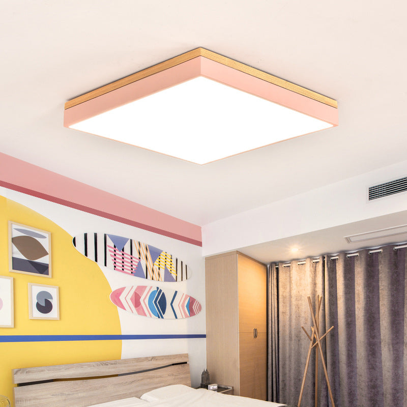 Minimalist Led Flushmount Light For Childrens Bedroom - Square Acrylic Close To Ceiling Fixture Pink