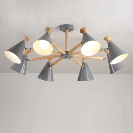 Modern Metal Cone Chandelier with 8 Bulbs - Stylish Pendant Light Fixture for Living Room, Wood Cork Accents