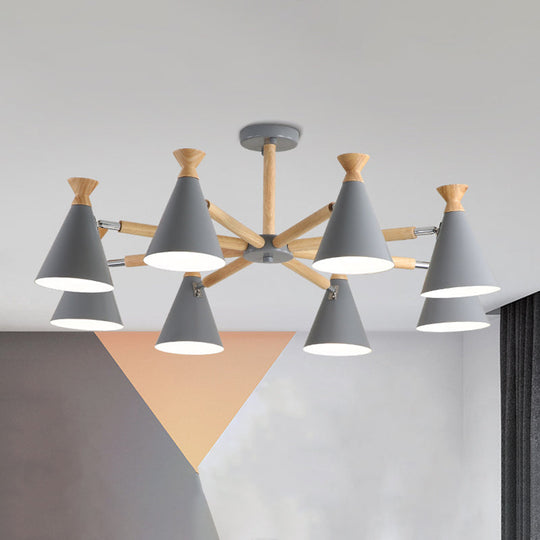 Modern Metal Cone Chandelier with 8 Bulbs - Stylish Pendant Light Fixture for Living Room, Wood Cork Accents