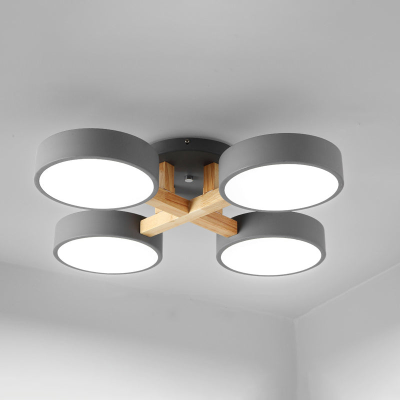 Sleek Round Living Room Ceiling Light: Minimalist Semi Mount Fixture With Acrylic Shade And Wood Arm