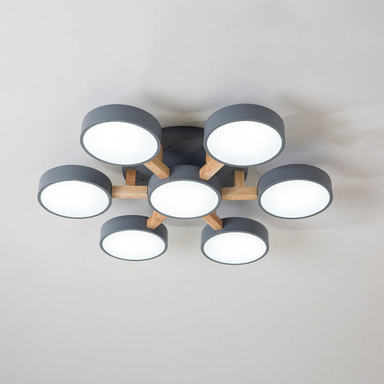 Sleek Round Living Room Ceiling Light: Minimalist Semi Mount Fixture With Acrylic Shade And Wood Arm