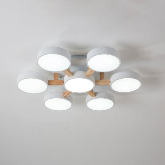 Sleek Round Living Room Ceiling Light: Minimalist Semi Mount Fixture With Acrylic Shade And Wood Arm