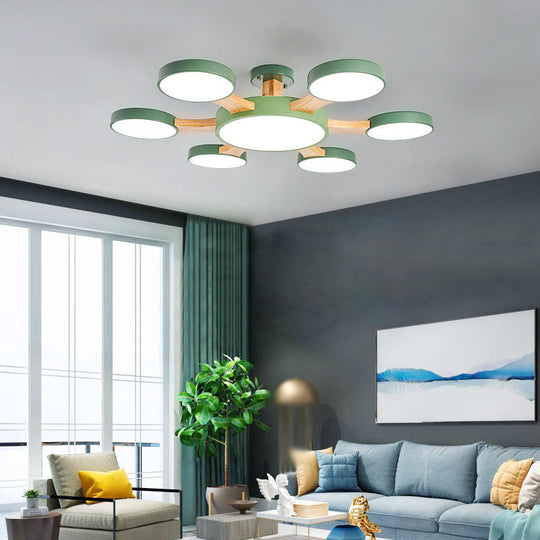 Contemporary Wood Radial Ceiling Light - 7 Bulbs Semi Flush Mount With Acrylic Shade / Green