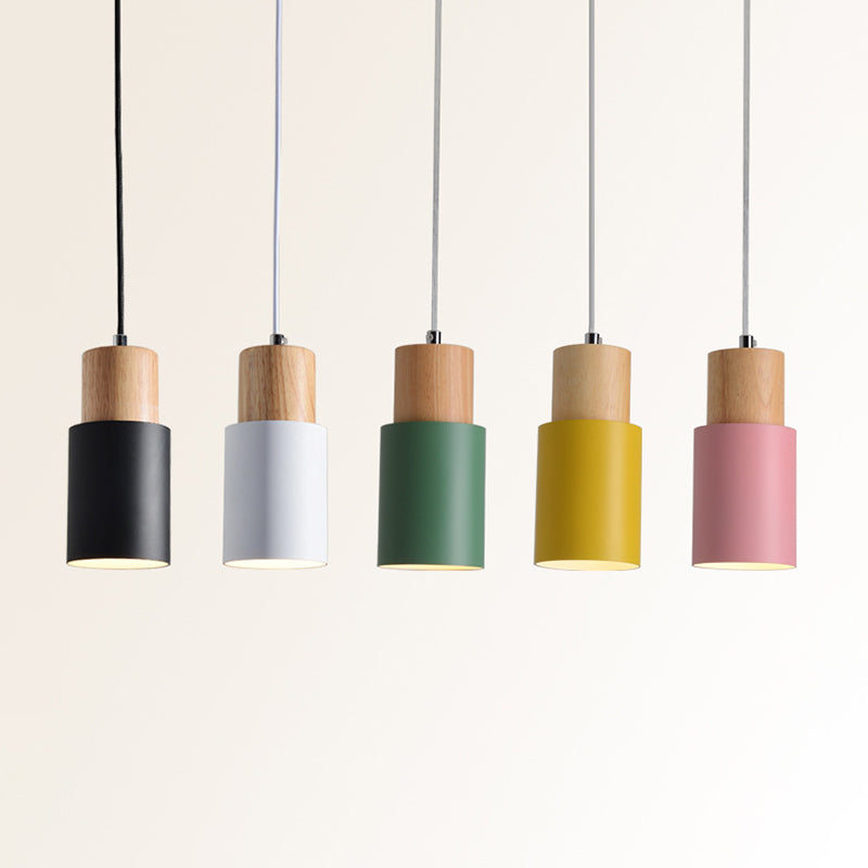 Tubular Ceiling Pendant Minimalist Metal 1-Light Suspension Lighting Fixture with Wood Top