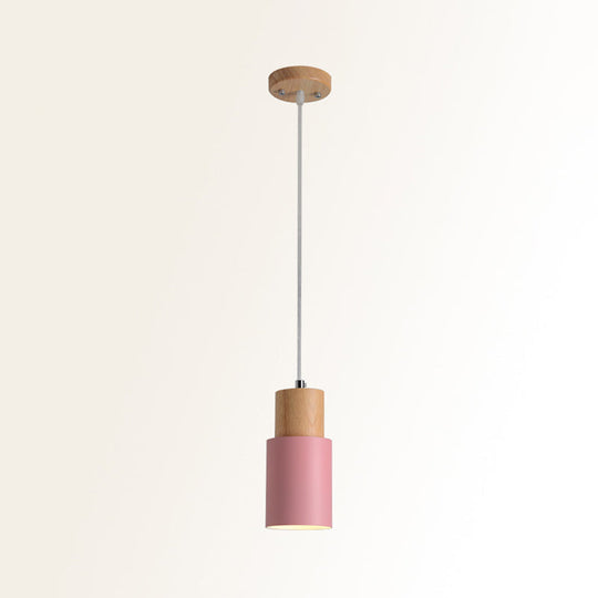 Tubular Ceiling Pendant Minimalist Metal 1-Light Suspension Lighting Fixture with Wood Top