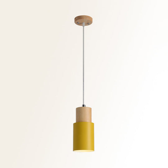 Tubular Ceiling Pendant Minimalist Metal 1-Light Suspension Lighting Fixture with Wood Top