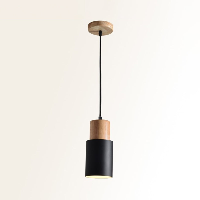 Minimalist Cylinder Wood Pendant Light With Metal Shade - Down Lighting