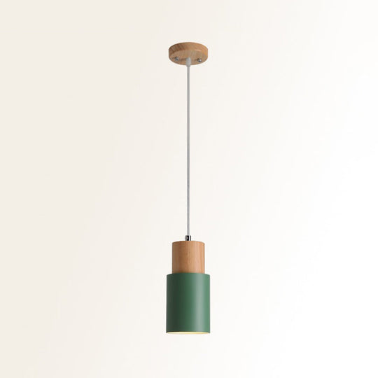 Minimalist Cylinder Wood Pendant Light With Metal Shade - Down Lighting