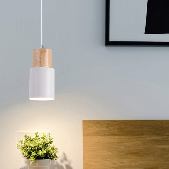 Minimalist Cylinder Wood Pendant Light With Metal Shade - Down Lighting White