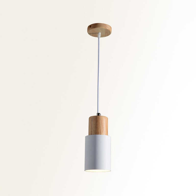 Minimalist Cylinder Wood Pendant Light With Metal Shade - Down Lighting