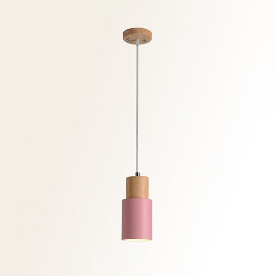 Wooden Cylinder Pendant Ceiling Light with Metal Shade and Down Lighting