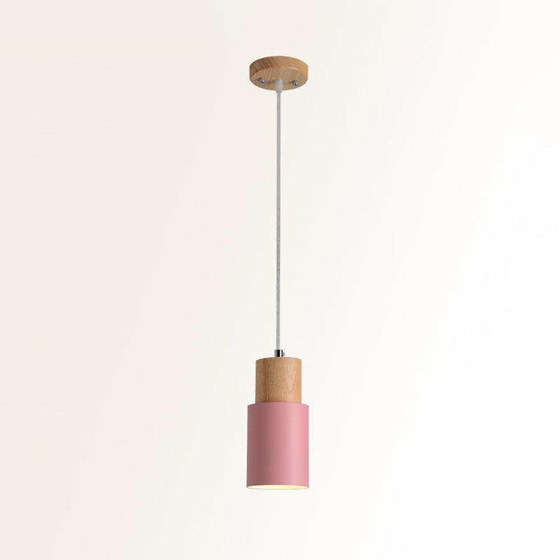 Minimalist Cylinder Wood Pendant Light With Metal Shade - Down Lighting Pink