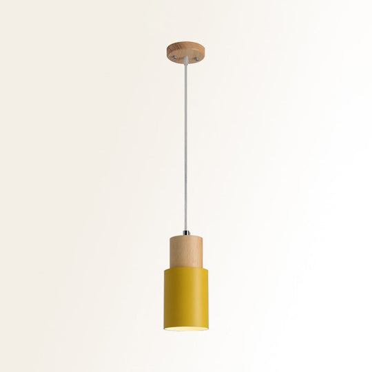 Minimalist Cylinder Wood Pendant Light With Metal Shade - Down Lighting Yellow