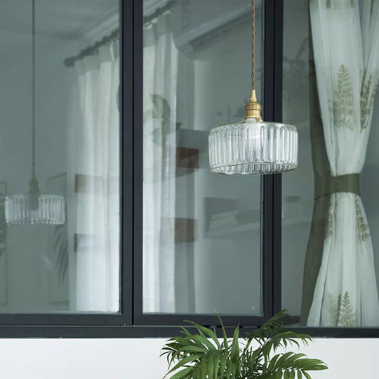 Ribbed Glass Brass Pendant Light With Clear Finish 1 Head Round Suspension Lamp For Warehouse