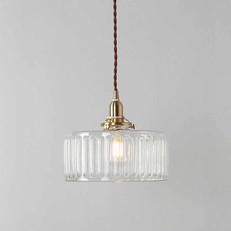 Ribbed Glass Brass Pendulum Light - Warehouse Suspension Lamp