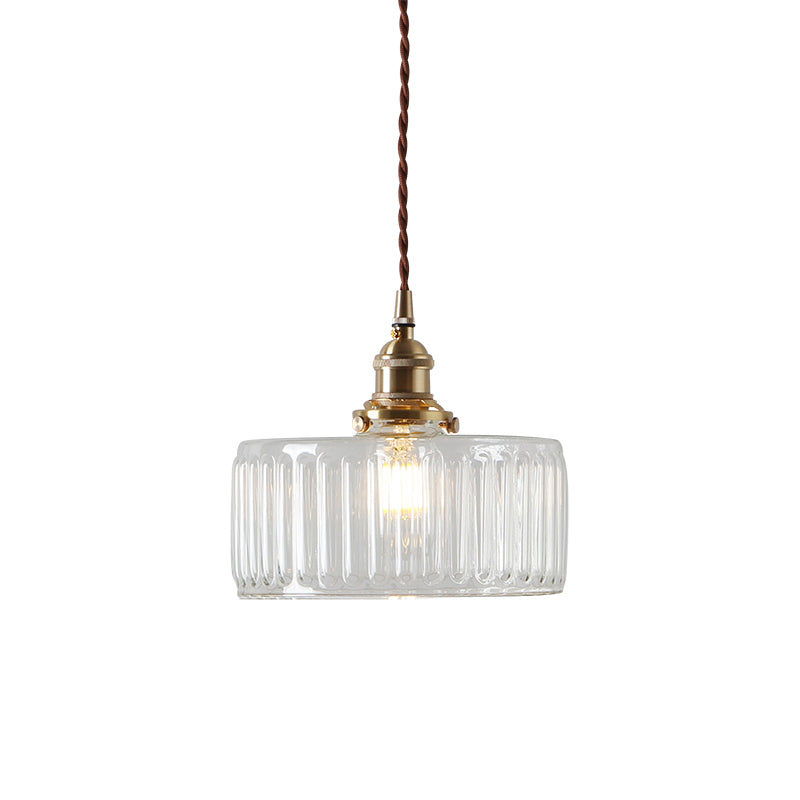 Ribbed Glass Brass Pendant Light With Clear Finish 1 Head Round Suspension Lamp For Warehouse