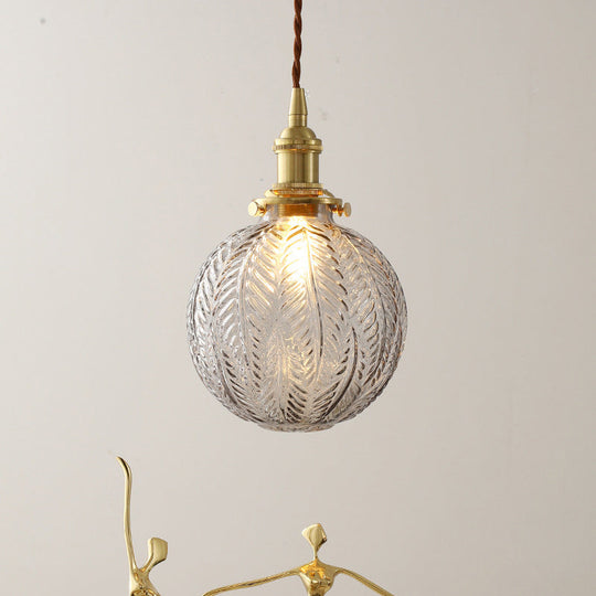 Spherical Pendant Light In Brass Finish With Clear Textured Glass - Ideal For Warehouse