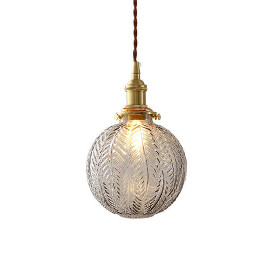 Spherical Pendant Light In Brass Finish With Clear Textured Glass - Ideal For Warehouse