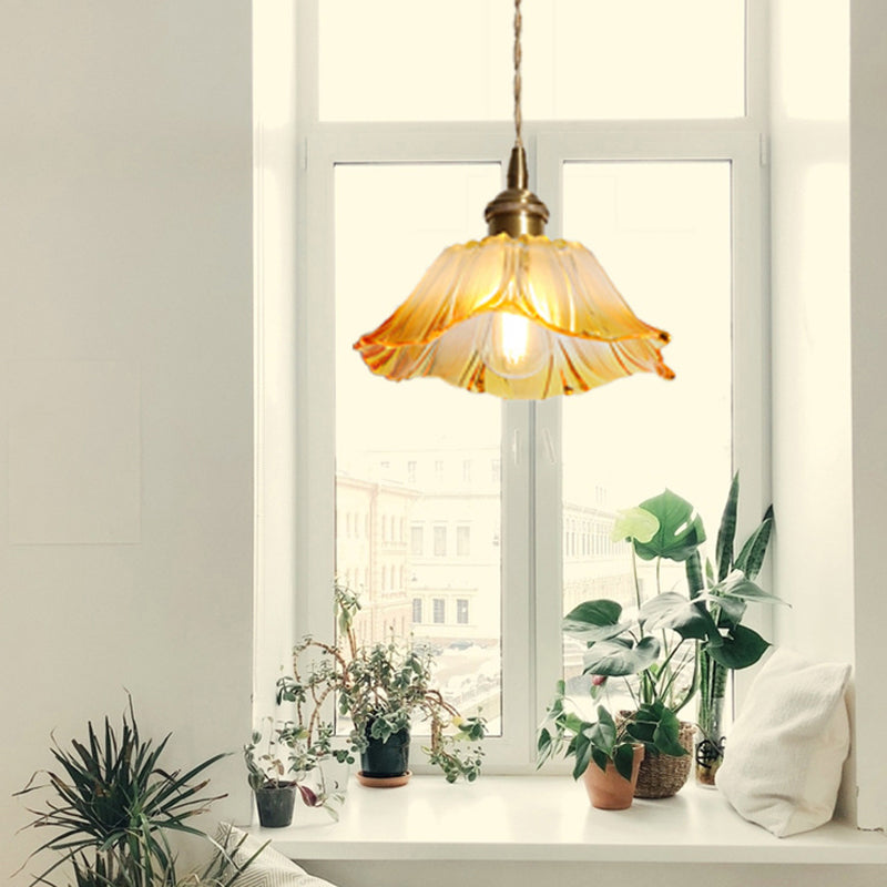 Textured Glass Pendant Lighting: Blossom Industrial 1-Light Ceiling Fixture In Brass - Perfect For