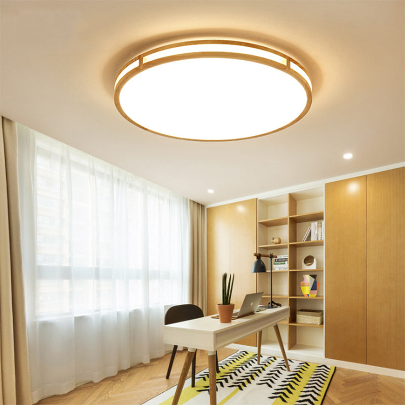 Wooden Round Flush Ceiling Lamp: 16/19.5 Wide Acrylic Simple Style Light For Dining Room Wood / 16