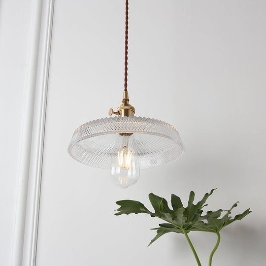 Geometry Clear Lattice Glass Pendant Hanging Lamp: Farmhouse Dining Room Lighting in Brass