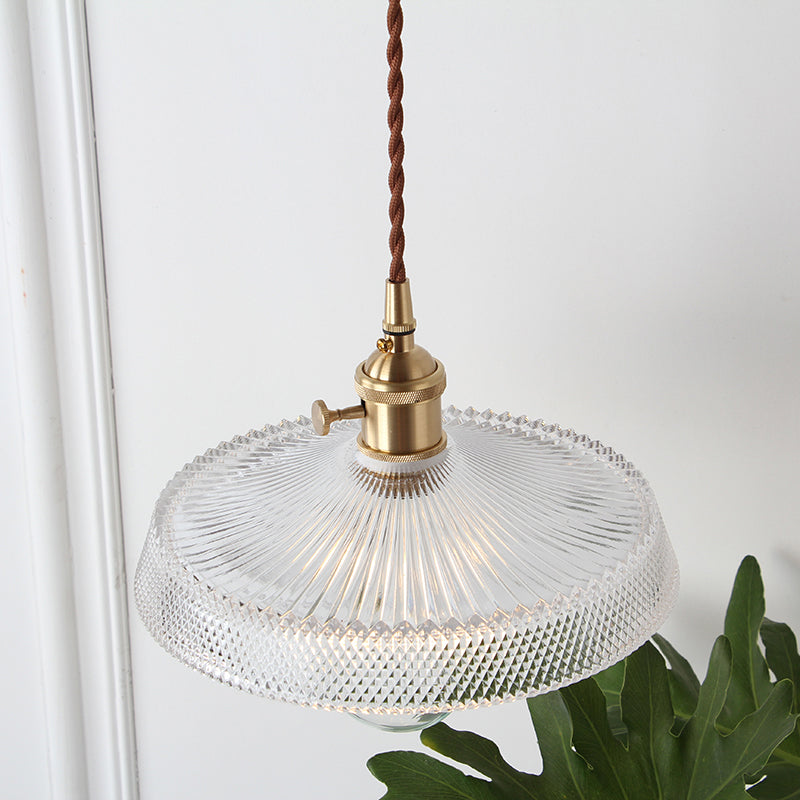 Geometry Clear Lattice Glass Pendant Hanging Lamp: Farmhouse Dining Room Lighting in Brass