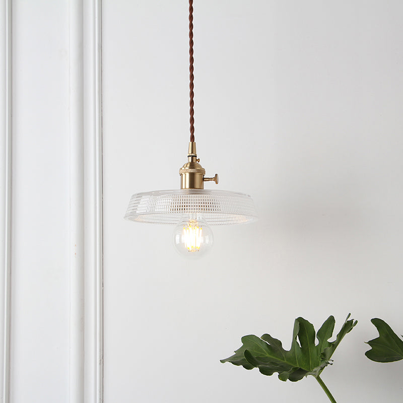 Geometry Clear Lattice Glass Pendant Hanging Lamp: Farmhouse Dining Room Lighting in Brass