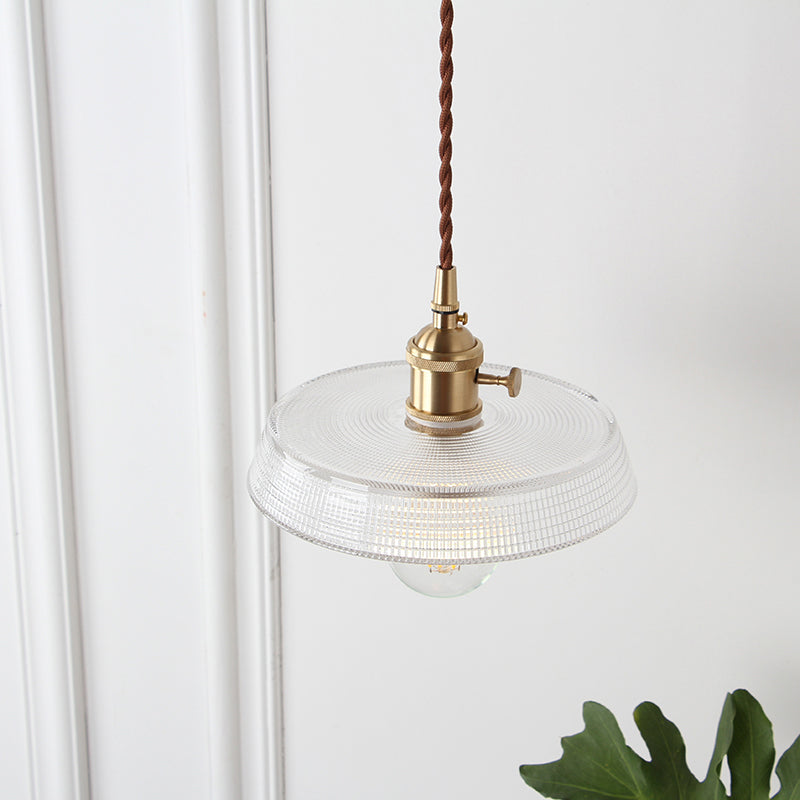 Geometry Clear Lattice Glass Pendant Hanging Lamp: Farmhouse Dining Room Lighting in Brass