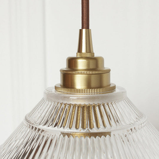 Industrial Brass Cone Pendant Ceiling Light with Clear Ribbed Glass Drop for Dining Room