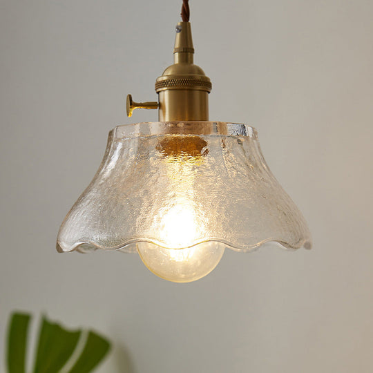 Modern Farmhouse Brass Scalloped 1-Light Suspension Lamp with Water Glass: Hanging Light