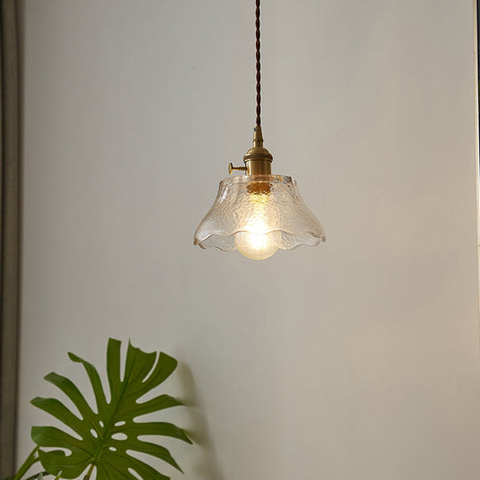 Modern Farmhouse Brass Scalloped 1-Light Suspension Lamp with Water Glass: Hanging Light