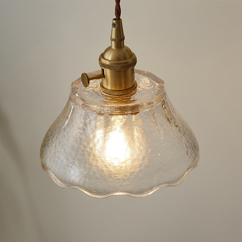 Modern Farmhouse Brass Scalloped 1-Light Suspension Lamp with Water Glass: Hanging Light