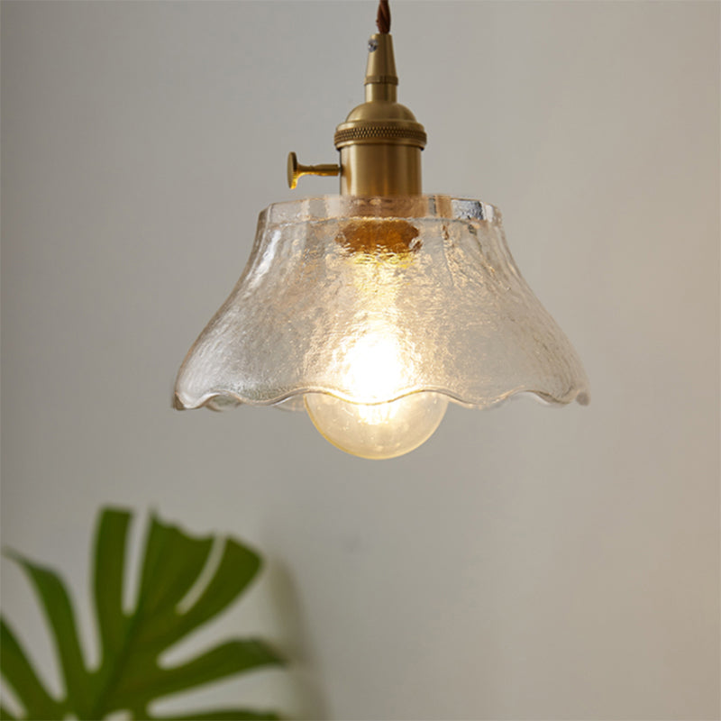 Modern Farmhouse Brass Scalloped 1-Light Suspension Lamp with Water Glass: Hanging Light