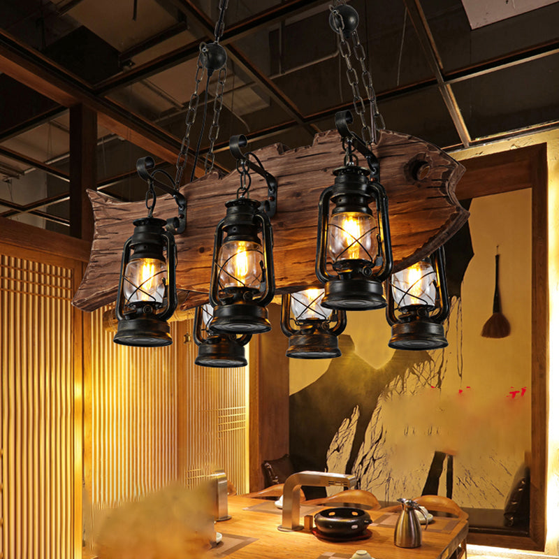 Coastal Clear Glass Chandelier Pendant Light With Wood Fish - Black Kerosene 6 Head Restaurant