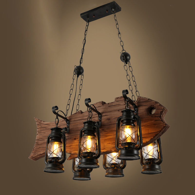 Coastal Black Kerosene Chandelier with Clear Glass and Wood Fish - 6 Heads for Restaurant Pendant Lighting