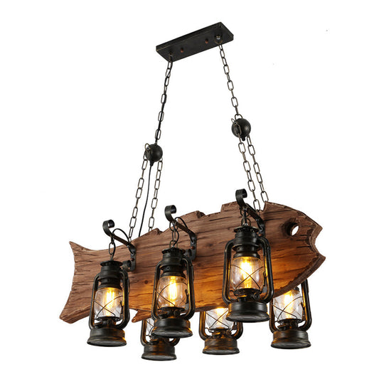 Coastal Clear Glass Chandelier Pendant Light With Wood Fish - Black Kerosene 6 Head Restaurant