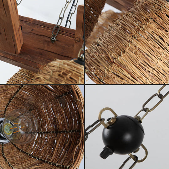 Industrial Rattan Pendant Light for Dining Room - Bell Shade Chandelier Fixture