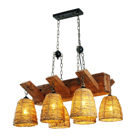 Industrial Rattan Pendant Light for Dining Room - Bell Shade Chandelier Fixture