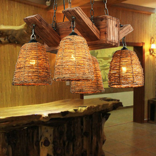 Rattan Pendant Chandelier - Industrial Hanging Light For Dining Room 4 / Wood